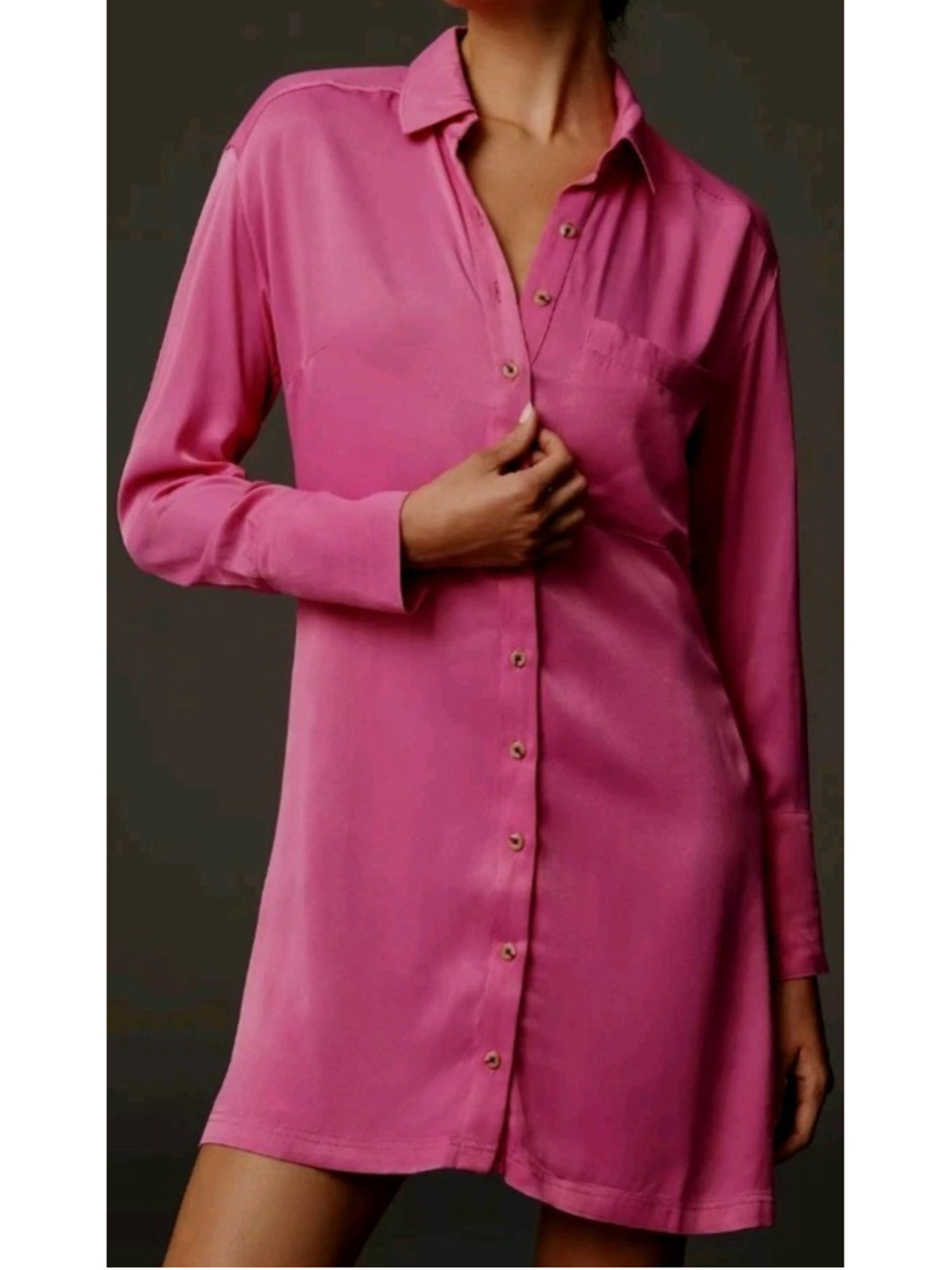 Pilcro by Anthropologie NWT Silky Pink Rose Shirt Dress Mini Long Sleeve Button